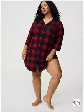 Torrid 3XL Red Black Plaid Button-Up Sleep Shirt 3/4 Sleeve Loungwear Pajama